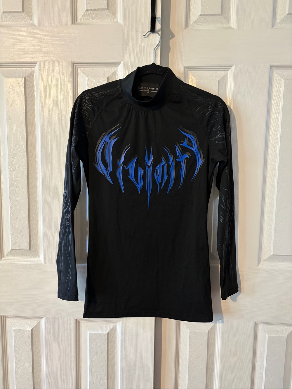 Mens Breathe Divinity Black Top With Blue Graphics on Back, Front & Sleeves